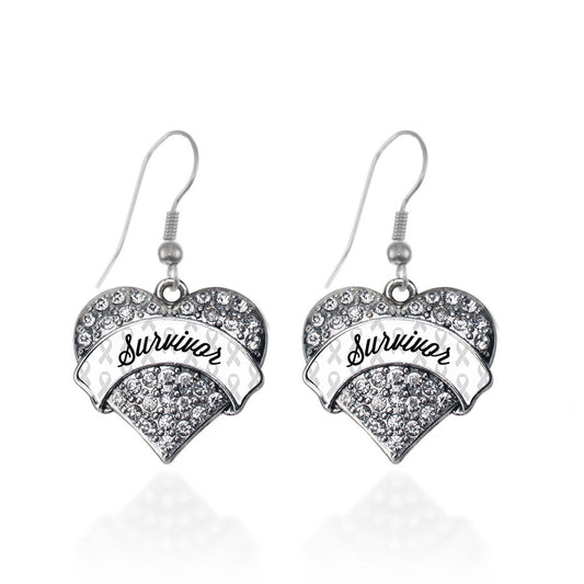 Silver White Survivor Pave Heart Charm Dangle Earrings