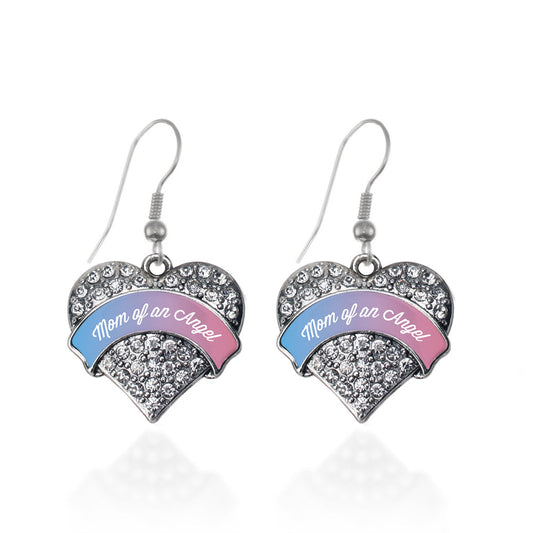 Silver Mom of an Angel Pave Heart Charm Dangle Earrings