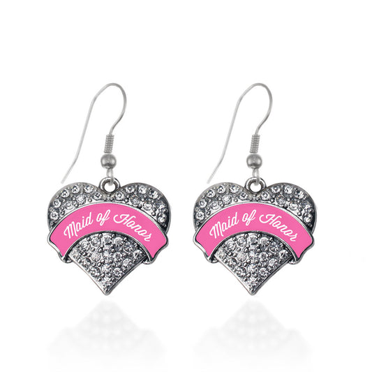 Silver Pink Maid of Honor Pave Heart Charm Dangle Earrings