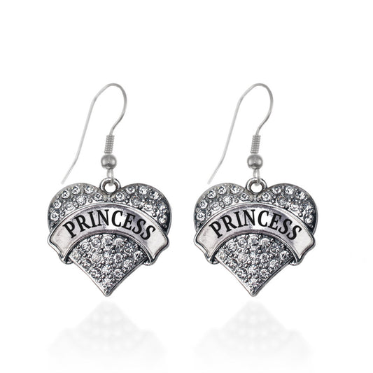 Silver Princess Pave Heart Charm Dangle Earrings
