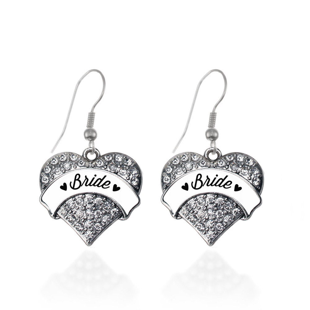 Silver Black and White Bride Pave Heart Charm Dangle Earrings