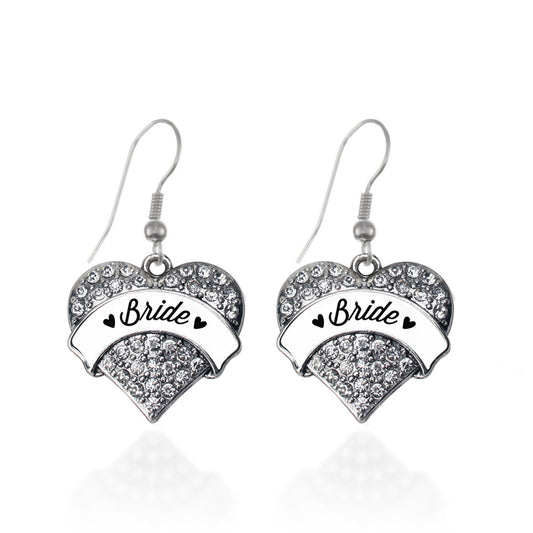 Silver Black and White Bride Pave Heart Charm Dangle Earrings