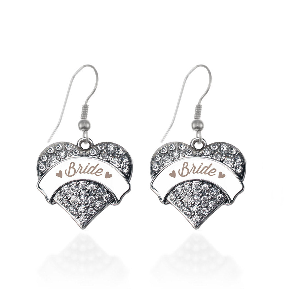 Silver Brown and White Bride Pave Heart Charm Dangle Earrings