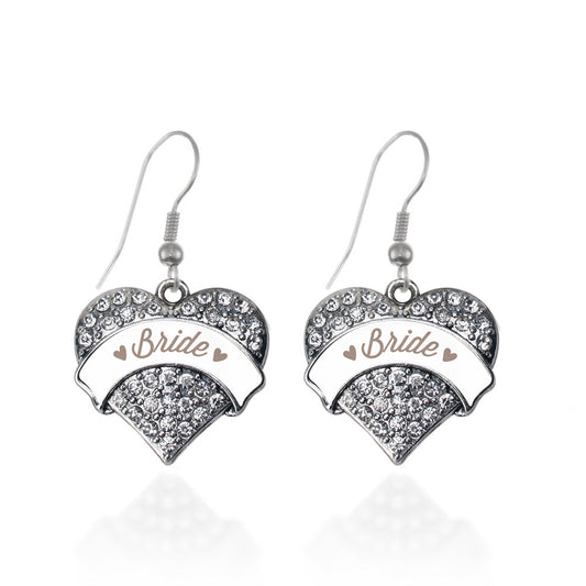 Silver Brown and White Bride Pave Heart Charm Dangle Earrings