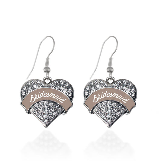 Silver Brown and White Bridesmaid Pave Heart Charm Dangle Earrings