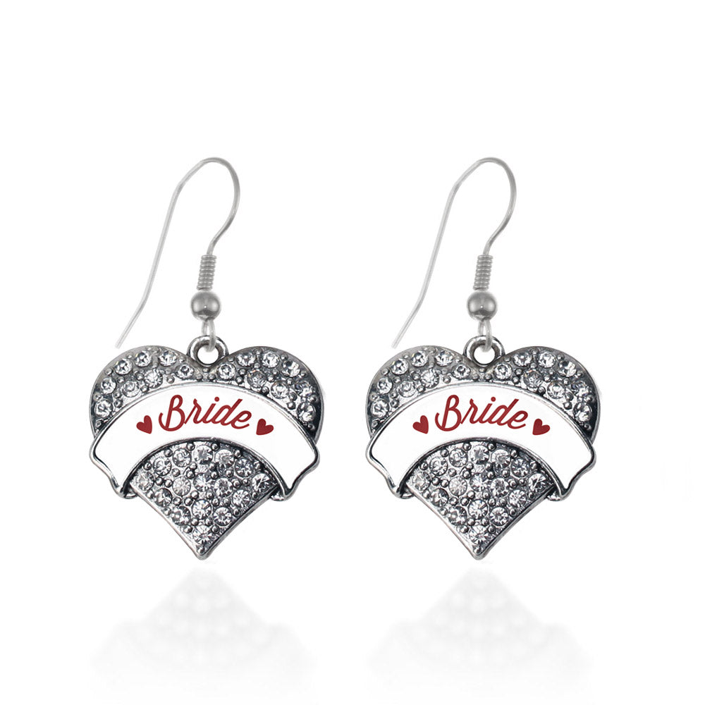 Silver Crimson Red Bride Pave Heart Charm Dangle Earrings