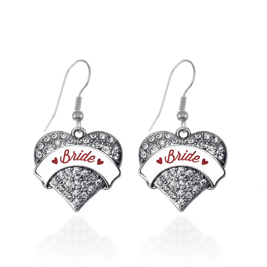 Silver Crimson Red Bride Pave Heart Charm Dangle Earrings
