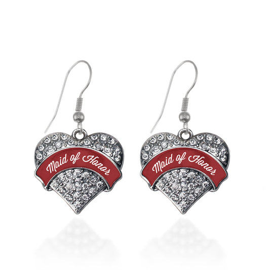 Silver Crimson Red Maid of Honor Pave Heart Charm Dangle Earrings