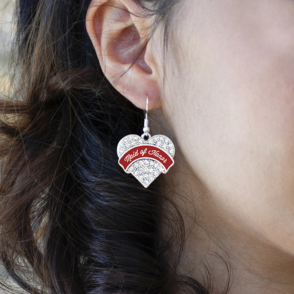 Silver Crimson Red Maid of Honor Pave Heart Charm Dangle Earrings