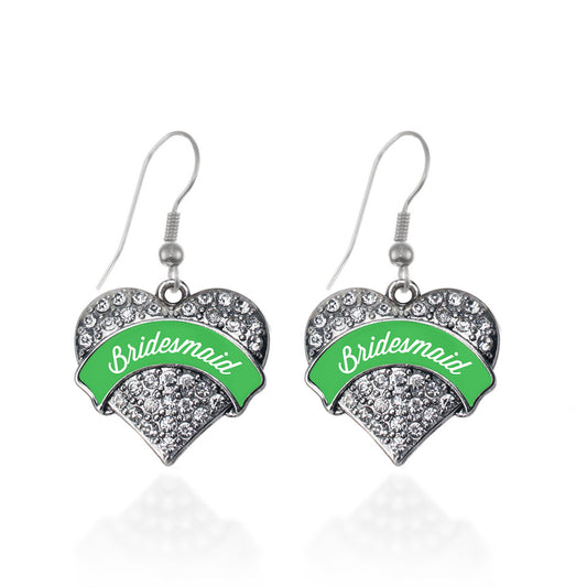 Silver Emerald Green Bridesmaid Pave Heart Charm Dangle Earrings