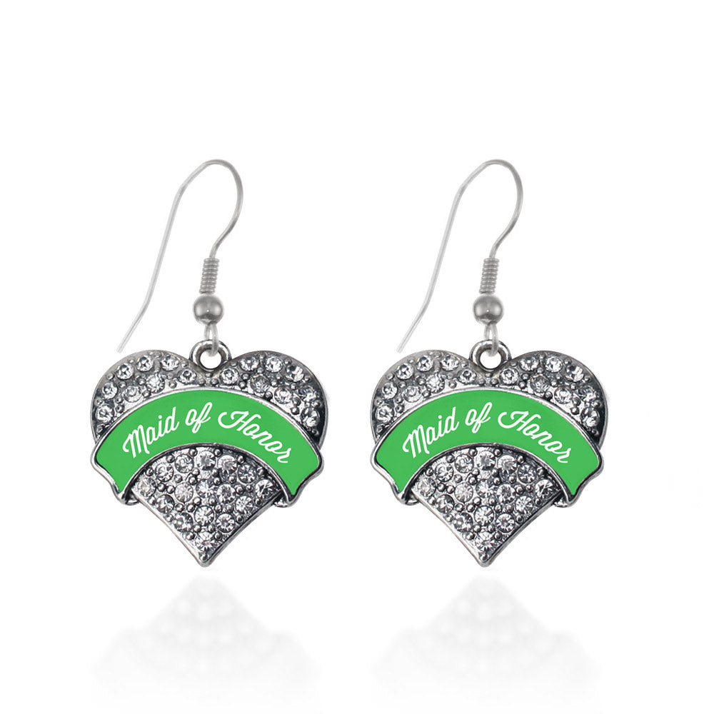 Silver Emerald Green Maid of Honor Pave Heart Charm Dangle Earrings