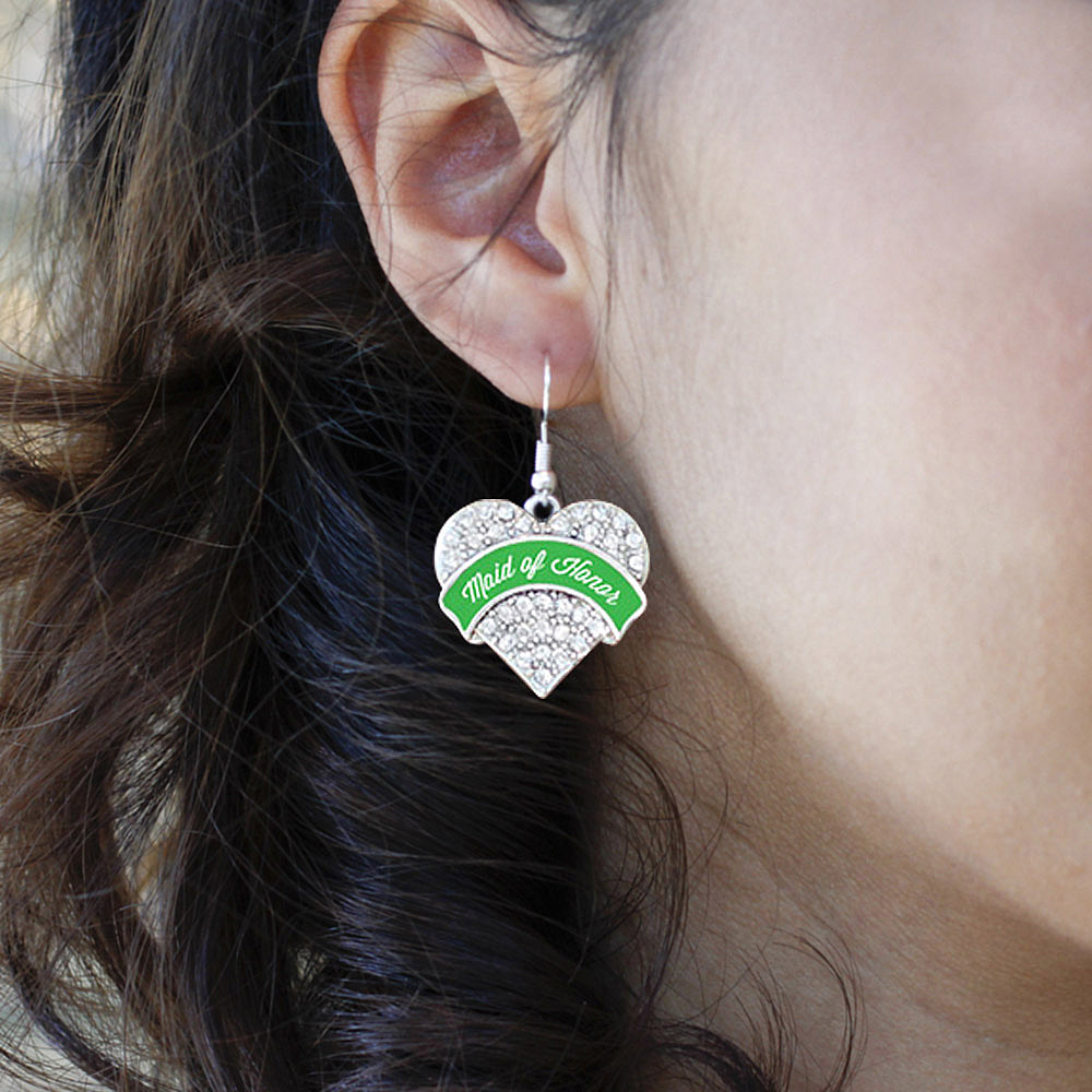 Silver Emerald Green Maid of Honor Pave Heart Charm Dangle Earrings