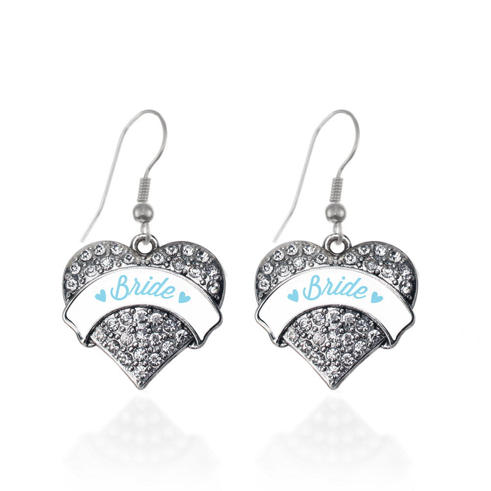 Silver Light Blue Bride Pave Heart Charm Dangle Earrings