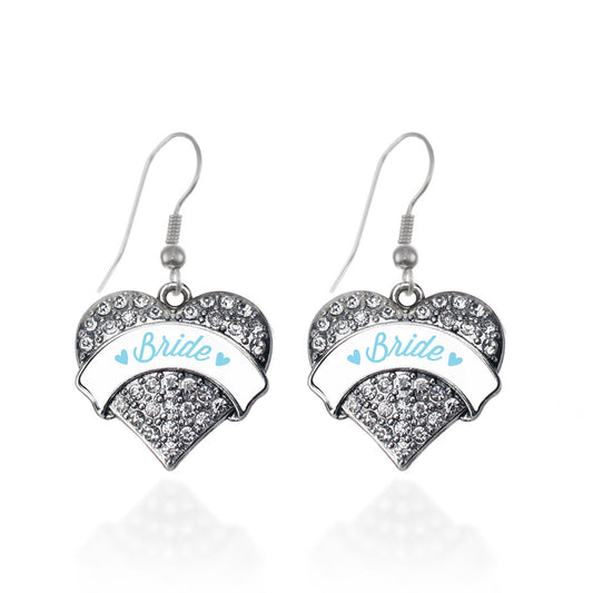 Silver Light Blue Bride Pave Heart Charm Dangle Earrings