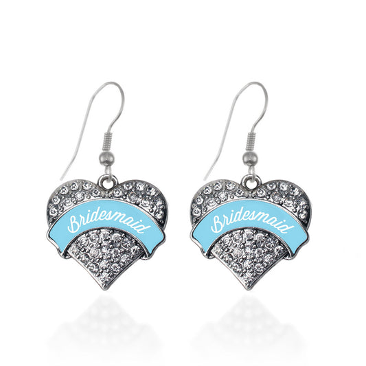 Silver Light Blue Bridesmaid Pave Heart Charm Dangle Earrings