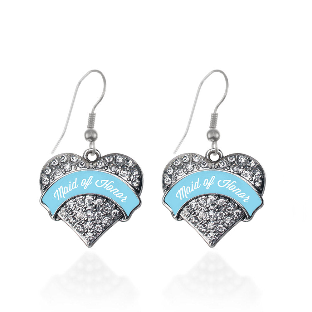 Silver Light Blue Maid of Honor Pave Heart Charm Dangle Earrings