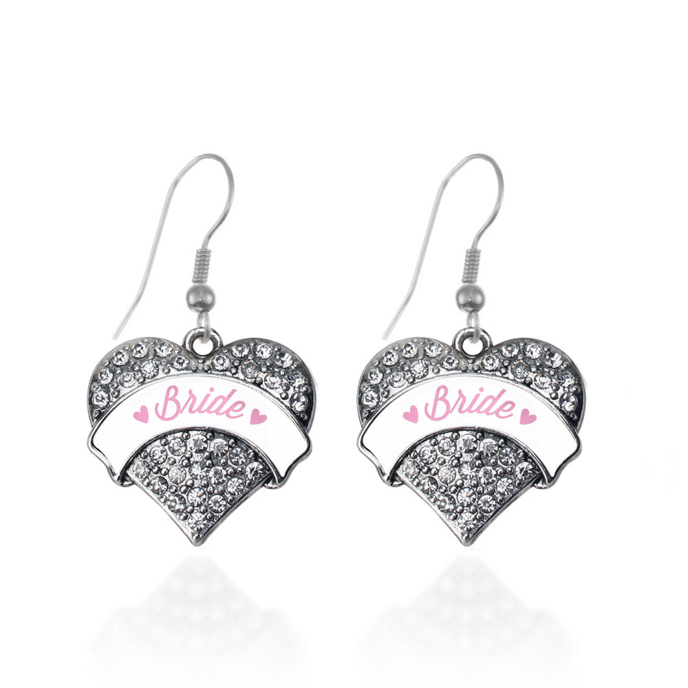 Silver Light Pink Bride Pave Heart Charm Dangle Earrings