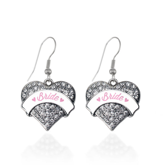 Silver Light Pink Bride Pave Heart Charm Dangle Earrings