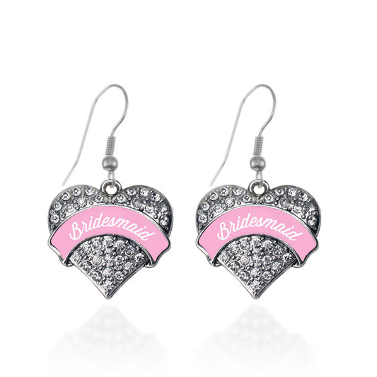 Silver Light Pink Bridesmaid Pave Heart Charm Dangle Earrings