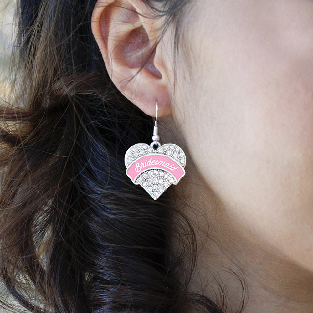 Silver Light Pink Bridesmaid Pave Heart Charm Dangle Earrings