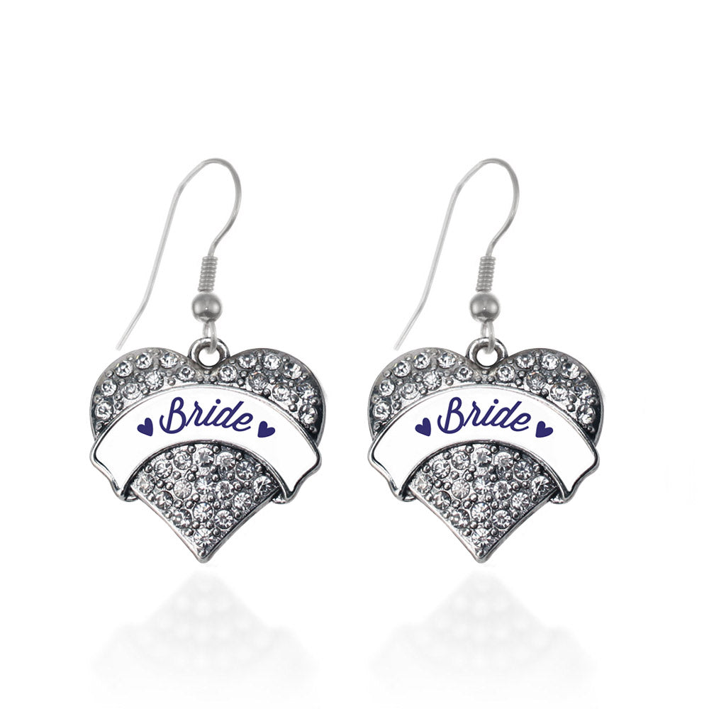 Silver Navy Blue Bride Pave Heart Charm Dangle Earrings