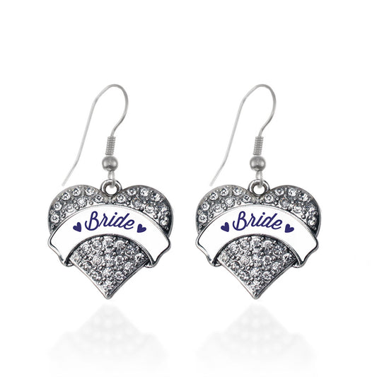 Silver Navy Blue Bride Pave Heart Charm Dangle Earrings