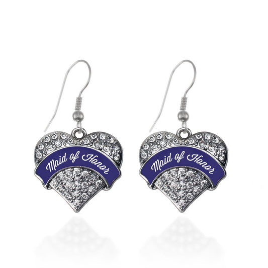 Silver Navy Blue Maid of Honor Pave Heart Charm Dangle Earrings
