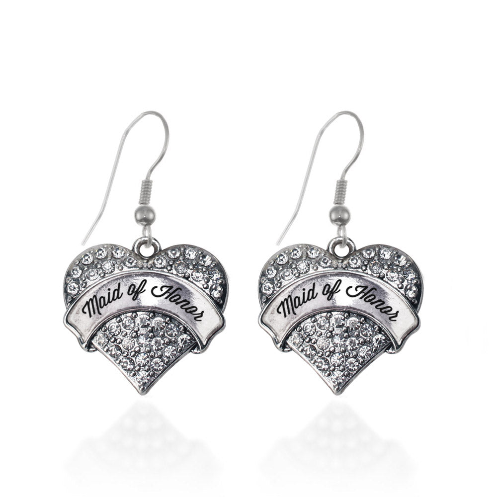 Silver Maid of Honor Pave Heart Charm Dangle Earrings