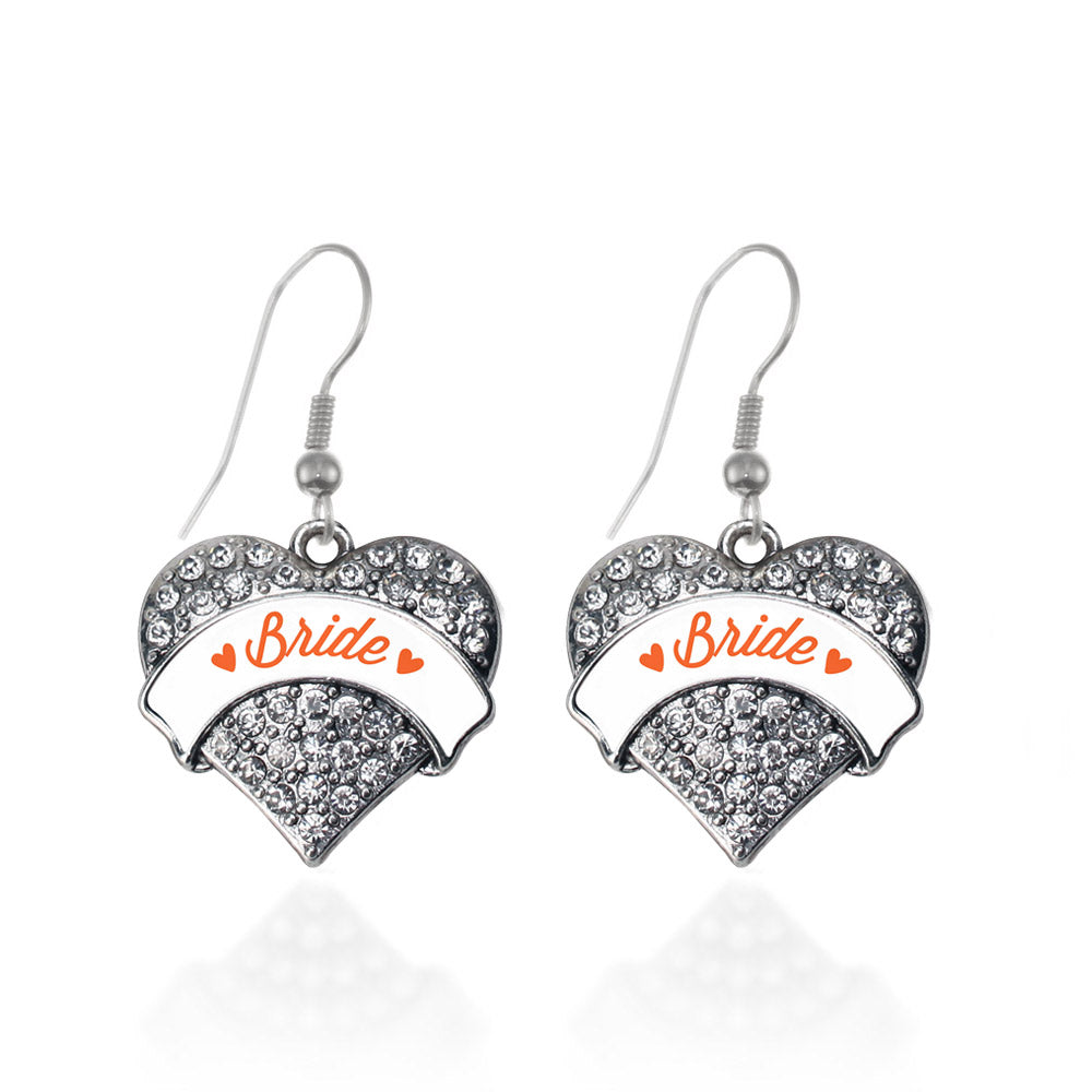 Silver Orange Bride Pave Heart Charm Dangle Earrings