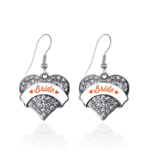 Silver Orange Bride Pave Heart Charm Dangle Earrings