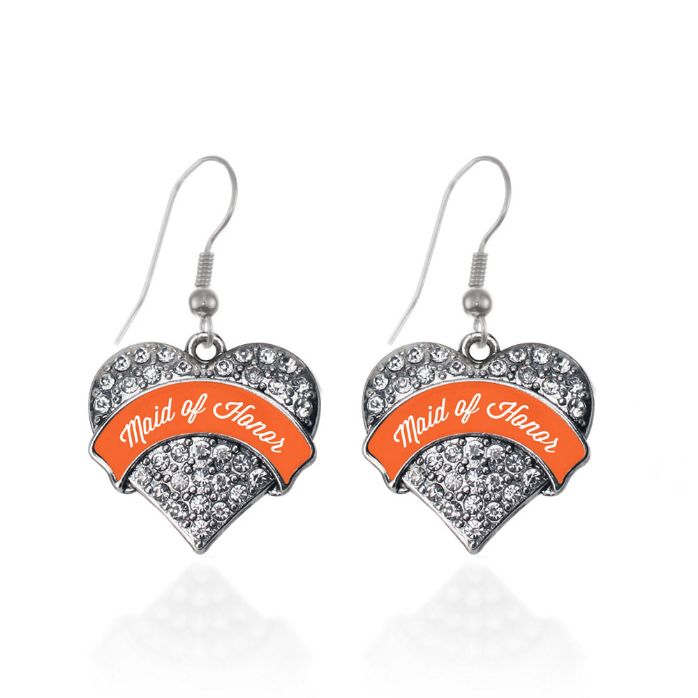 Silver Orange Maid of Honor Pave Heart Charm Dangle Earrings