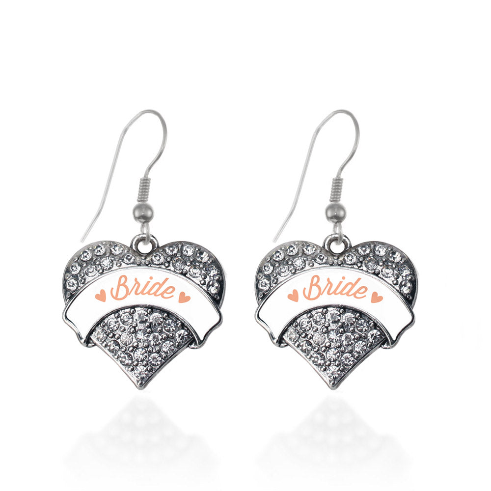 Silver Peach Bride Pave Heart Charm Dangle Earrings