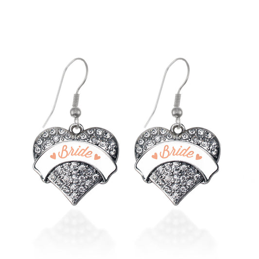 Silver Peach Bride Pave Heart Charm Dangle Earrings
