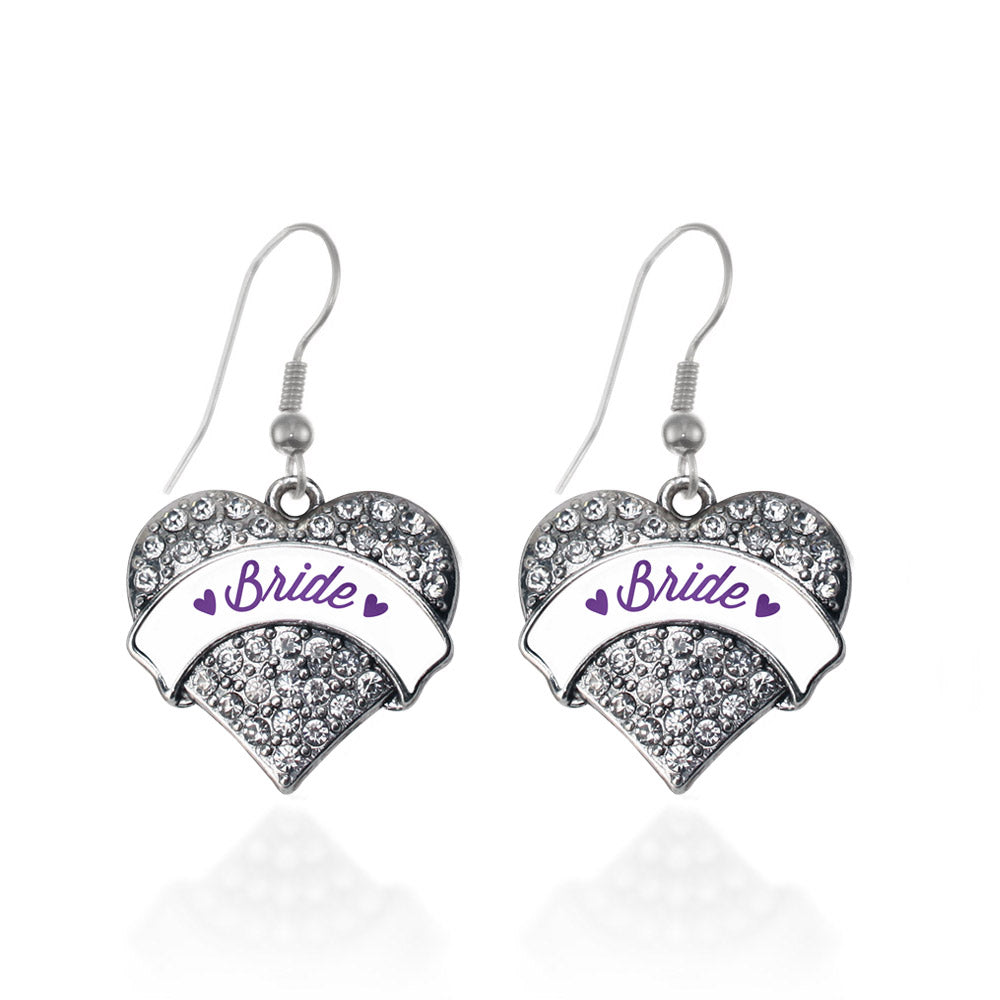 Silver Purple Bride Pave Heart Charm Dangle Earrings