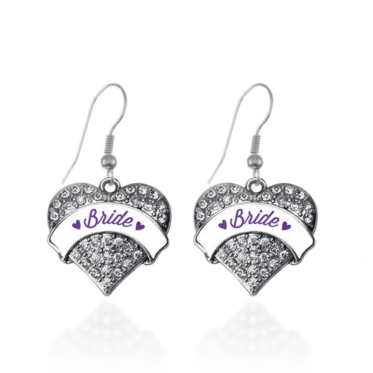 Silver Purple Bride Pave Heart Charm Dangle Earrings