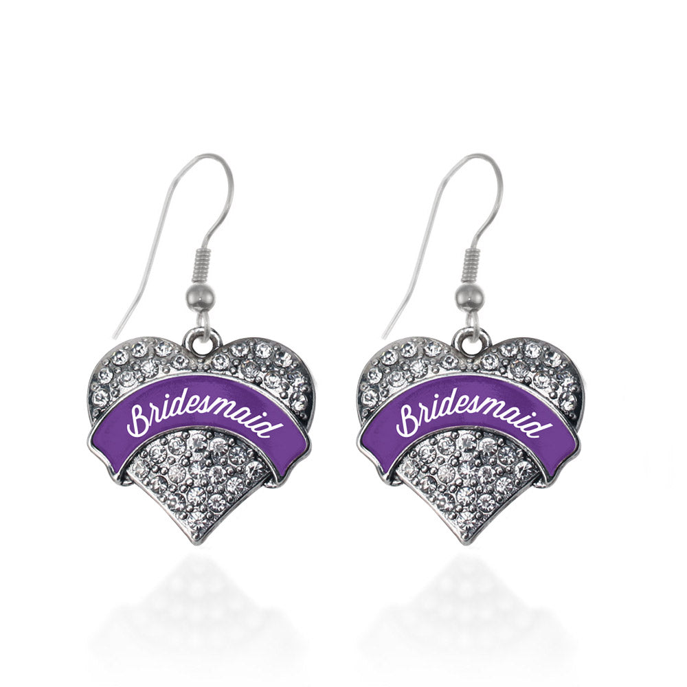 Silver Purple Bridesmaid Pave Heart Charm Dangle Earrings