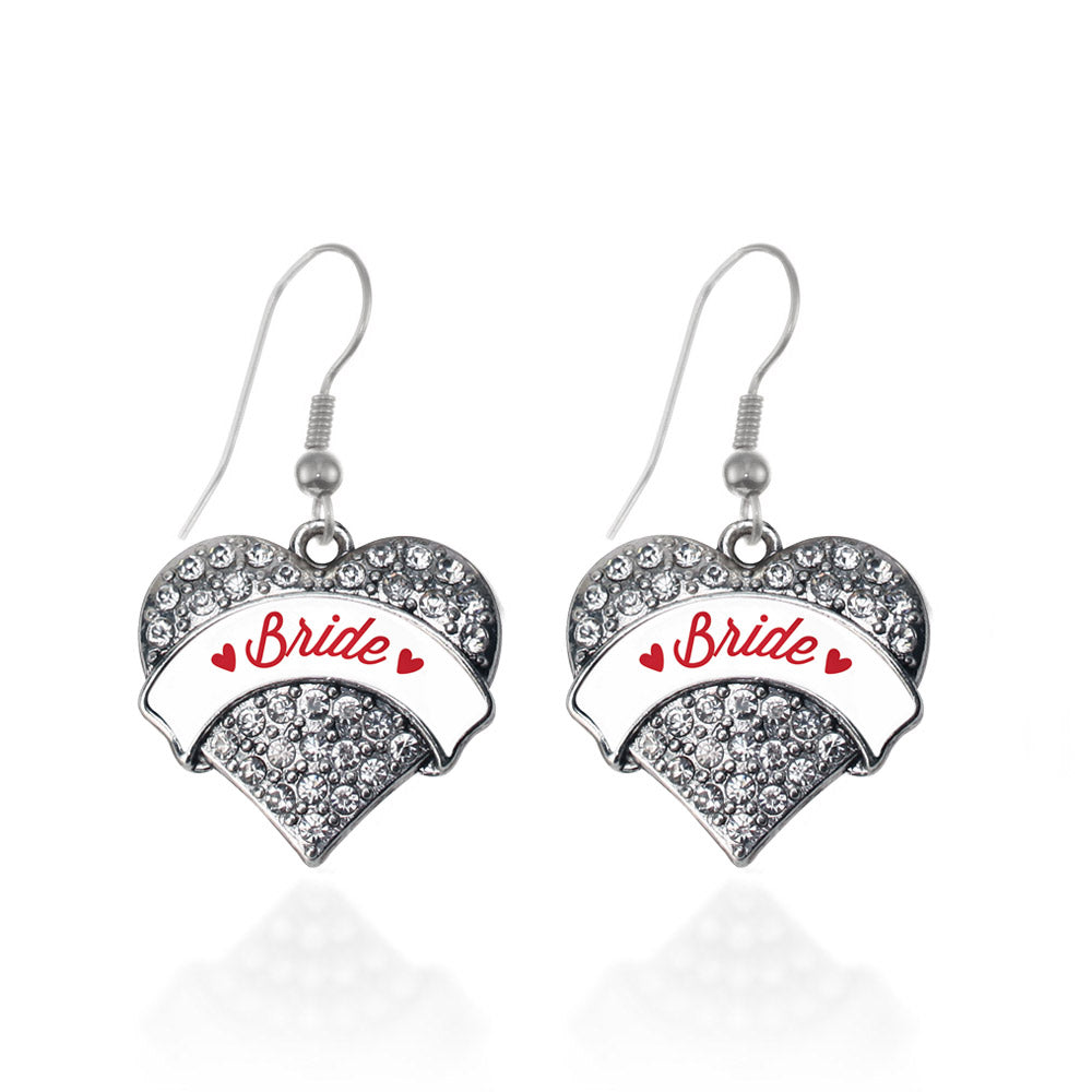 Silver Red Bride Pave Heart Charm Dangle Earrings