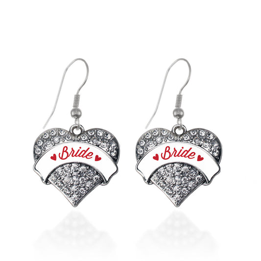 Silver Red Bride Pave Heart Charm Dangle Earrings