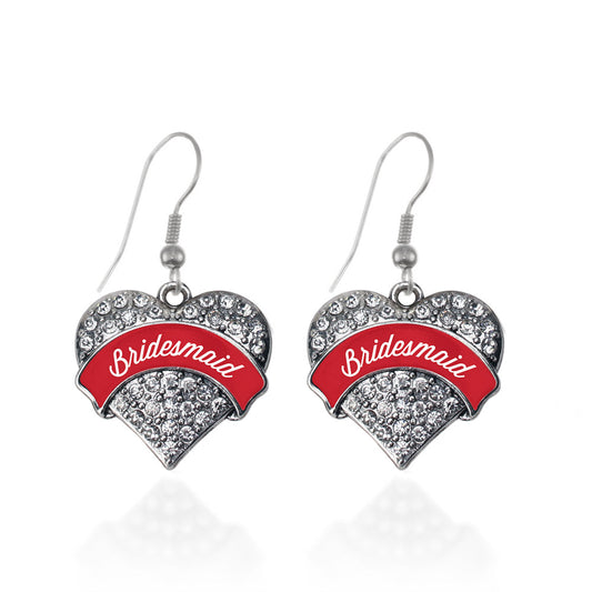 Silver Red Bridesmaid Pave Heart Charm Dangle Earrings