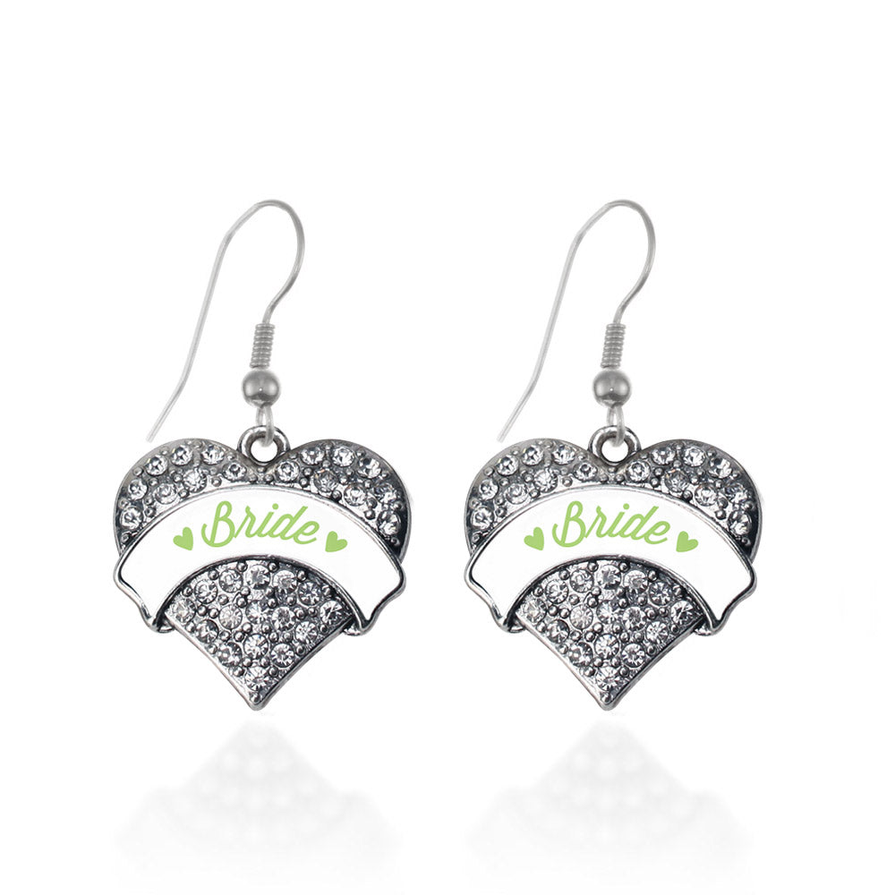 Silver Sage Green Bride Pave Heart Charm Dangle Earrings