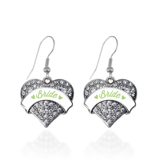 Silver Sage Green Bride Pave Heart Charm Dangle Earrings