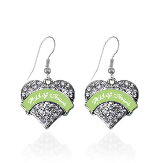 Silver Sage Green Maid of Honor Pave Heart Charm Dangle Earrings