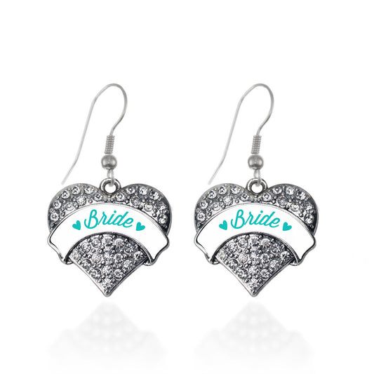Silver Teal Bride Pave Heart Charm Dangle Earrings