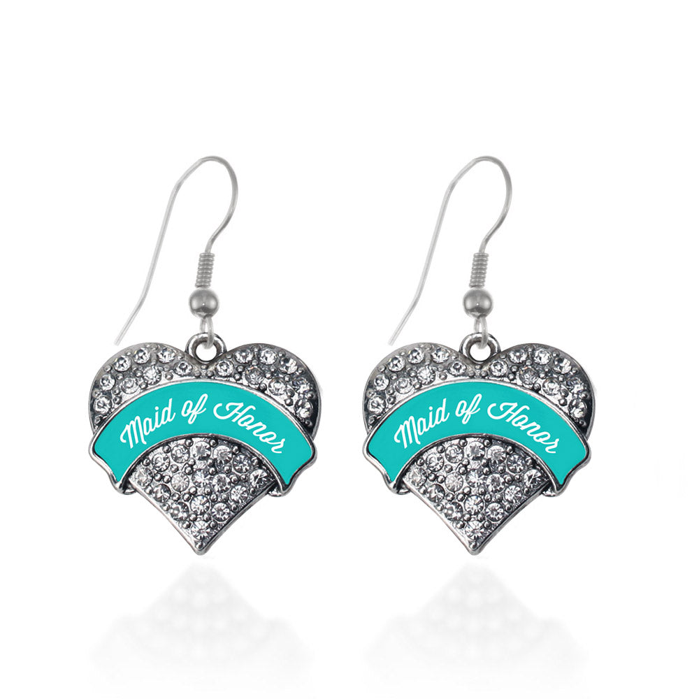 Silver Teal Maid of Honor Pave Heart Charm Dangle Earrings