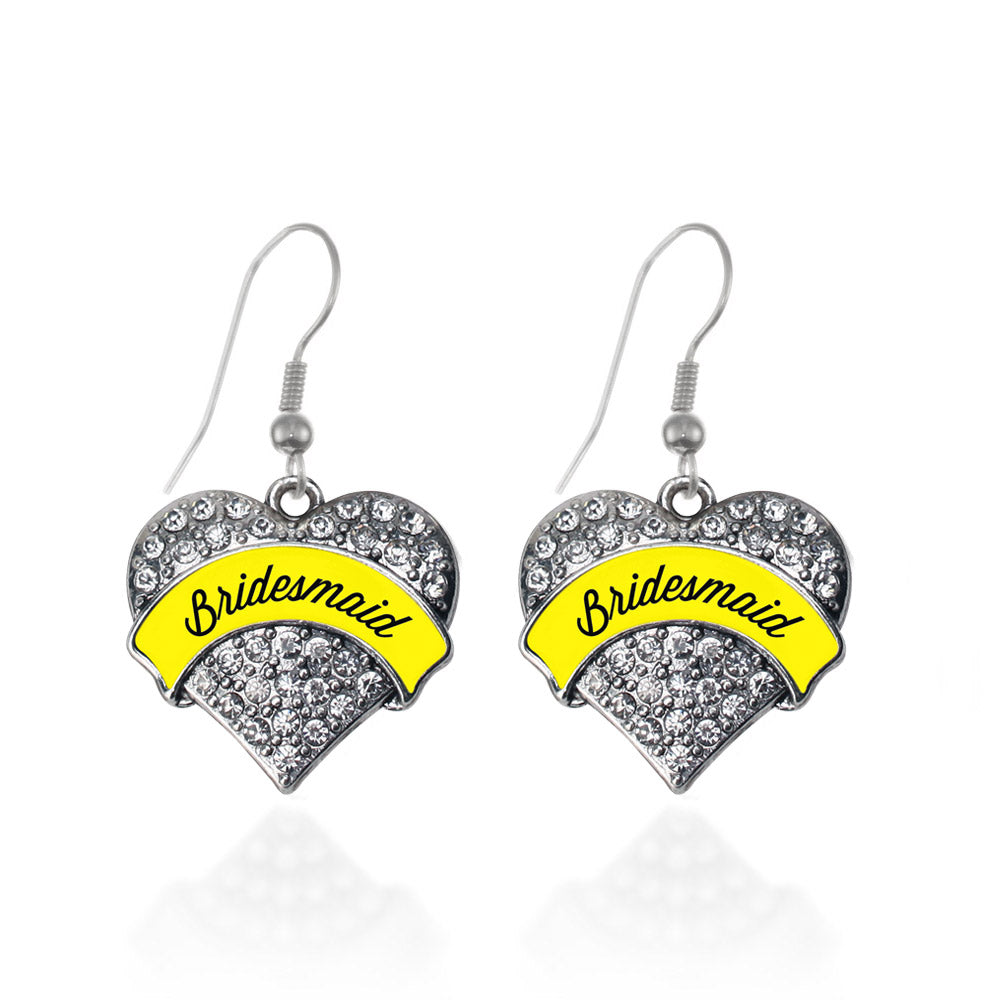 Silver Yellow Bridesmaid Pave Heart Charm Dangle Earrings
