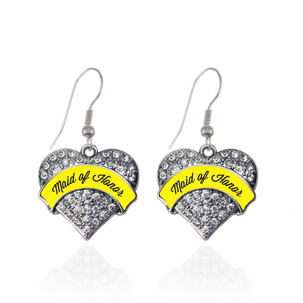 Silver Yellow Maid of Honor Pave Heart Charm Dangle Earrings
