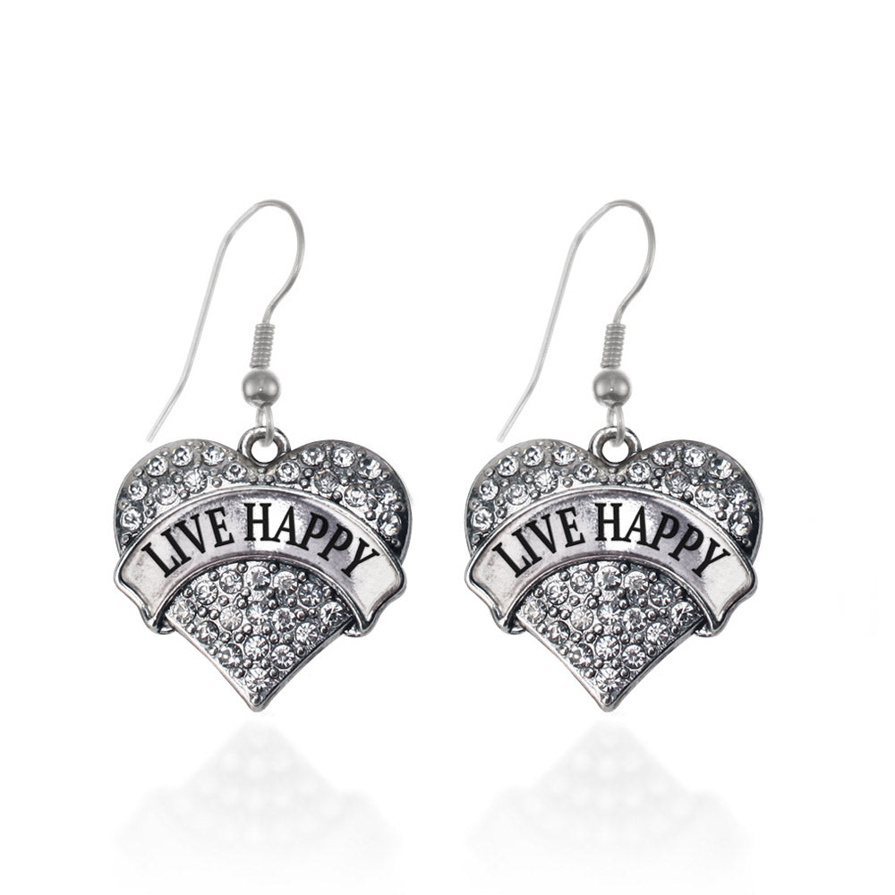 Silver Live Happy Pave Heart Charm Dangle Earrings