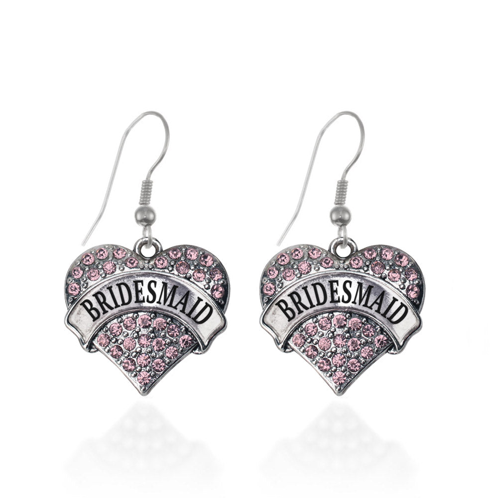Silver Pink Bridesmaid Pink Pave Heart Charm Dangle Earrings