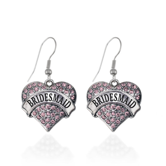 Silver Pink Bridesmaid Pink Pave Heart Charm Dangle Earrings