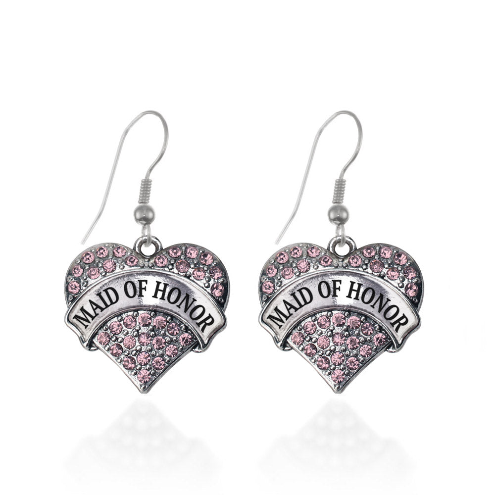 Silver Pink Maid of Honor Pink Pave Heart Charm Dangle Earrings
